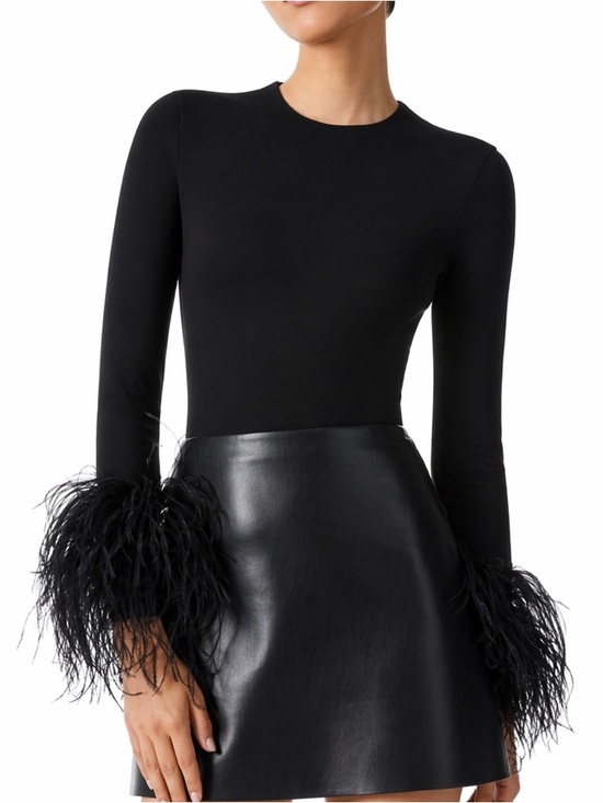 Alice + Olivia Tops - Alice + Olivia Delaina Feather Cuff Mesh Top | Sheer Black Statement Top Size M